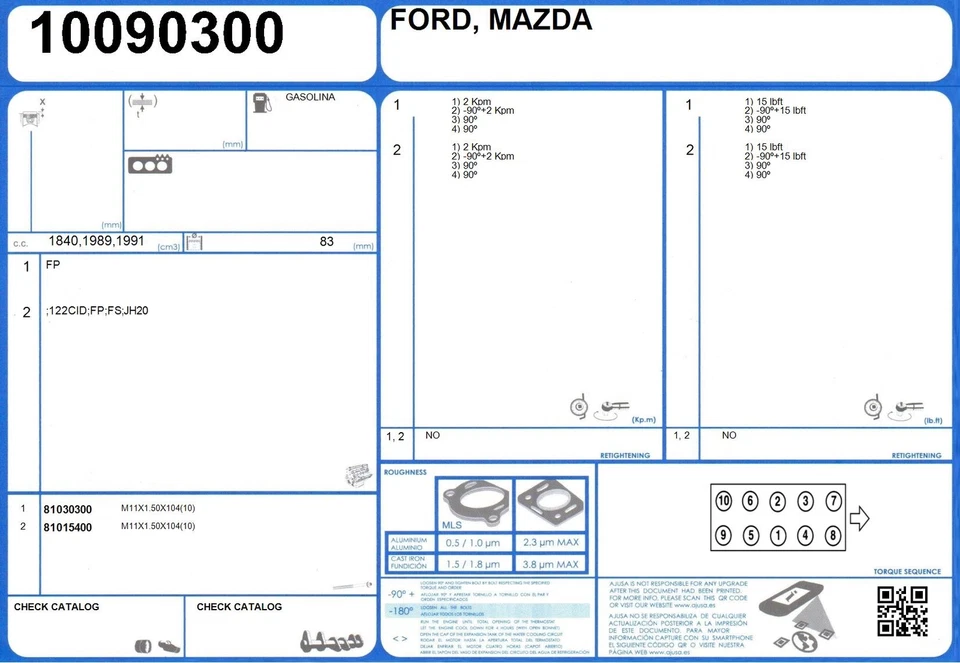 Cylinder Head Gasket Set FORD PROBE 16V 2.0 117 JH20 (10/1992-11/1995) — 第 2/2 张图片