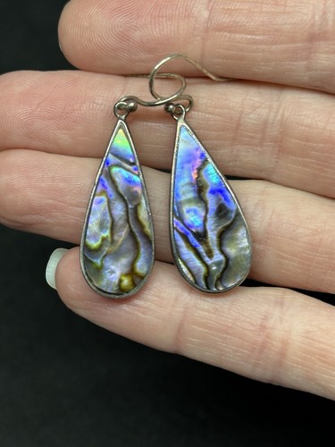 Orecchini vintage argento 925 viola e blu abalone a goccia firmati ATI 1,7" 3,6g - Foto 22 di 23