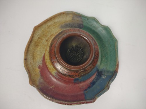 Studio Art Pottery Stoneware Flower Frog Round Signed Floral Arrangement boho - Picture 7 of 12