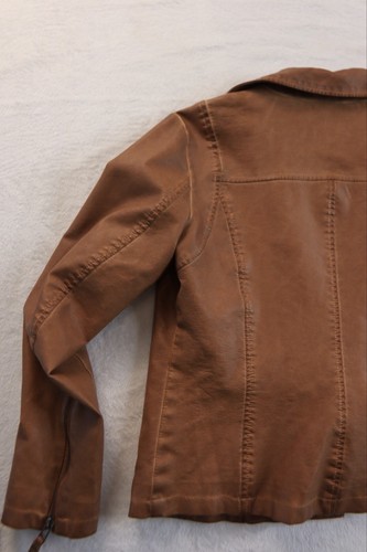 Womens Y2K 90s Cognac Brown Vegan Leather Size Small Asymmetrical Moto Jacket - Picture 13 of 18