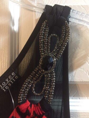 JOYCE LESLIE FORM FITTING RED BLK LACE TOP JEWEL SHOULDER HOUR GLASS DRESS 2-4 - Picture 4 of 7