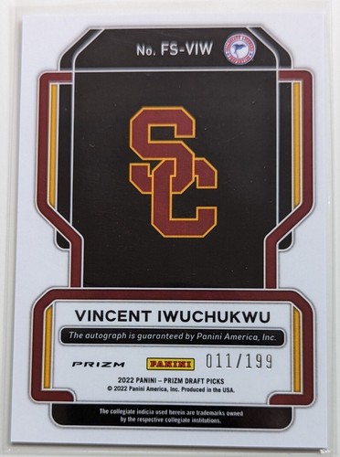 2022-23 Prizm Draft Picks Vincent Iwuchukwu Rookie RC Auto Red Prizm USC - Bild 2 von 2