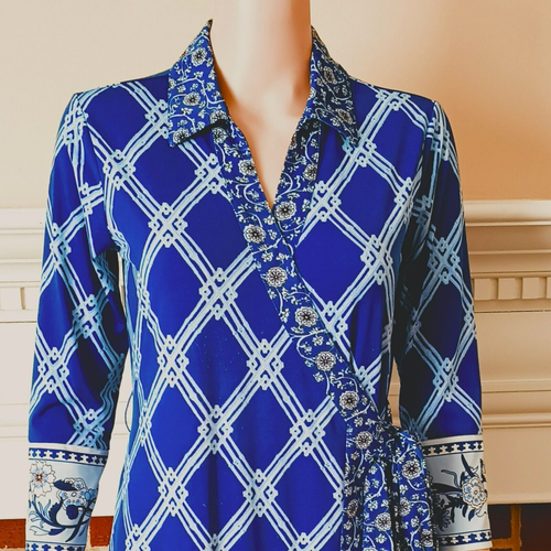 C Wonder Blue Wrap Dress Floral Lattice Trim 3/4 Sleeves Stretch - Picture 3 of 11