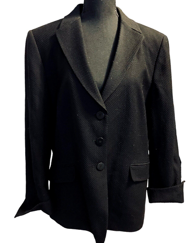 TALBOTS BLACK WOOL BLAZER, TEXTURAL ITALIAN FABRIC, TURNBACK CUFFS, LINED, SZ 16 - Afbeelding 1 van 7