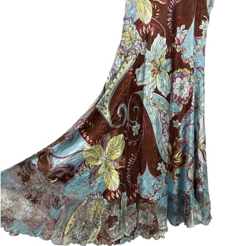 KOMAROV Dress Brown Blue Floral Sz M Crinkle Mesh Stretch - Imagen 5 de 14