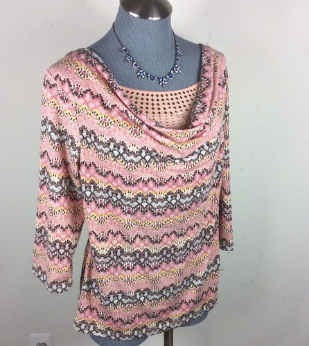 Lark Lane Women Size Medium Cowl Neck Beaded Multi Colors 3/4 Sleeve Blouse - Picture 2 of 5