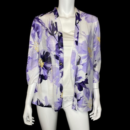 CHICOS Easywear Size 1 US M Floral Print Open Front Travel Cardigan Purple