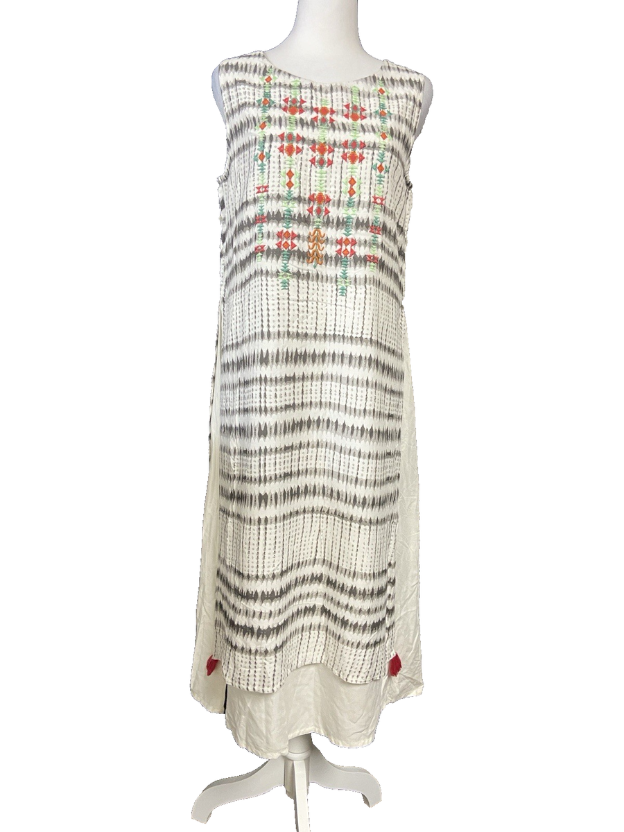 Ateesa Live Dress Large White Embroidered Tunic Sleeveless Boho India  Tassel Hem | eBay