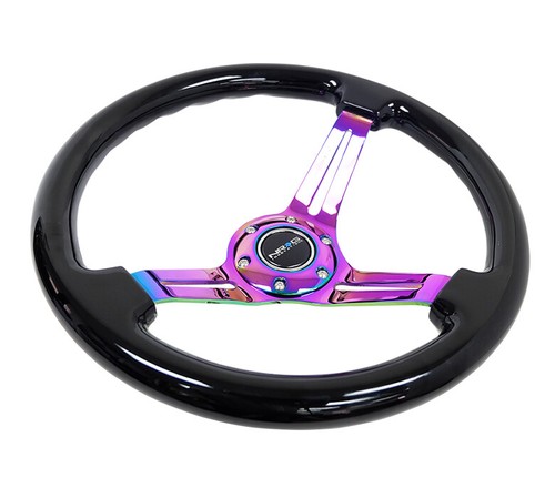 NRG® 350mm 3"Deep Black Wood Grain Reinforced SteeringWheel W/3 Neochrome Spokes - Bild 3 von 3