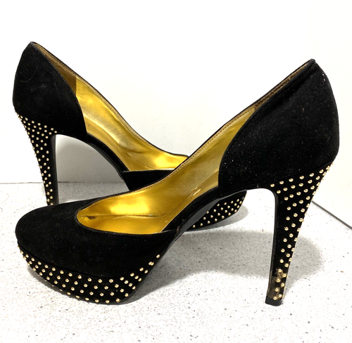 Nine West Gig high heel platform pumps black faux suede & gold studs US size 8M - Picture 11 of 11