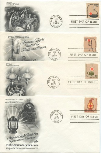  1979 FDC,AMERICANA LAMPS/LANTERNS, 4 ISSUES HIGH VALUES - Picture 1 of 5