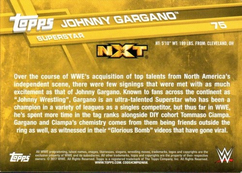 2017 Topps WWE Wrestling Card #75 Johnny Gargano Same Face - Picture 2 of 2