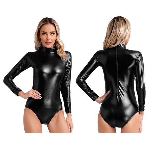Body donna metallizzato lucido finto collo maniche lunghe body danza - Foto 20 di 126