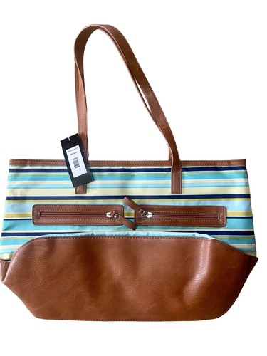 Bueno Collection Tote Handbag Leather Front Pockets Striped Nautical Vibes NWT - Picture 7 of 14