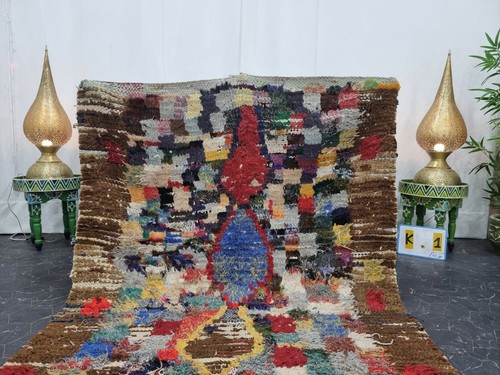 Moroccan Handmade Vintage Rug 4'5"x5'4" Berber Geometric Brown Yellow Carpet - Picture 2 of 12