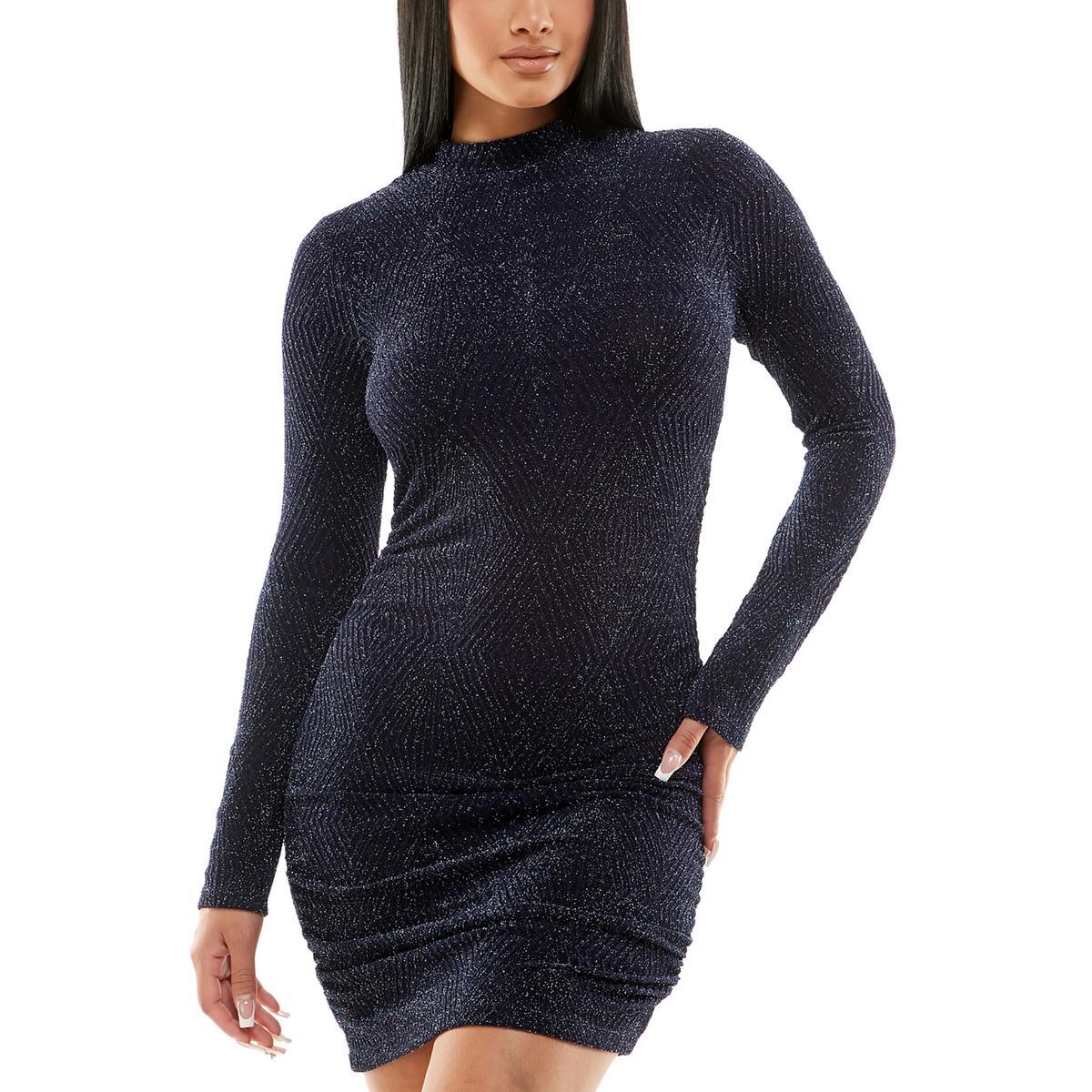 Безмолвное женское темно-синее металлическое платье-футляр с имитацией водолазки и блестками S BHFO 8466