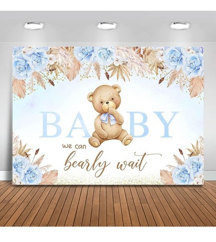 Mocsicka Boho Bear Baby Shower Backdrop  Can Bearly Wait Blue Floral Baby Shower - Picture 1 of 4