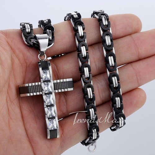 18-30" Edelstahl CZ Strass Kreuz Anhänger Halskette flach byzantinische Kette - Bild 7 von 16