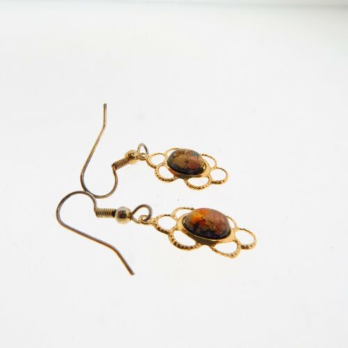 Vintage Foil Glass Dangle Earrings Gold Tone 1.5 inch - Picture 2 of 5