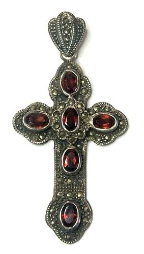 Fabulous Vintage Estate Sterling Silver 925 Garnet Marcasite Cross Pendant - Picture 1 of 2