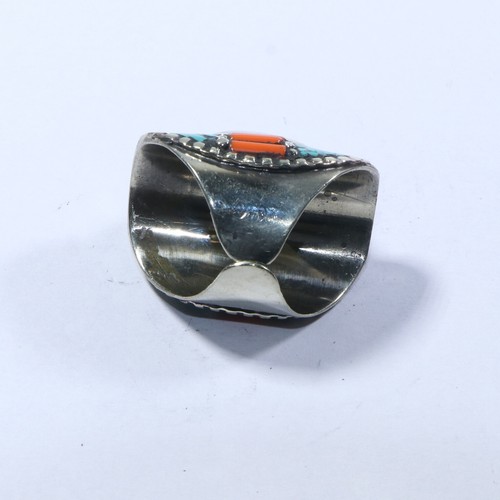 Anillo Genunine Rojo Coral Turquesa Piedra Tibetano Hecho a Mano Bohemio Único Talla 10 - Imagen 3 de 7