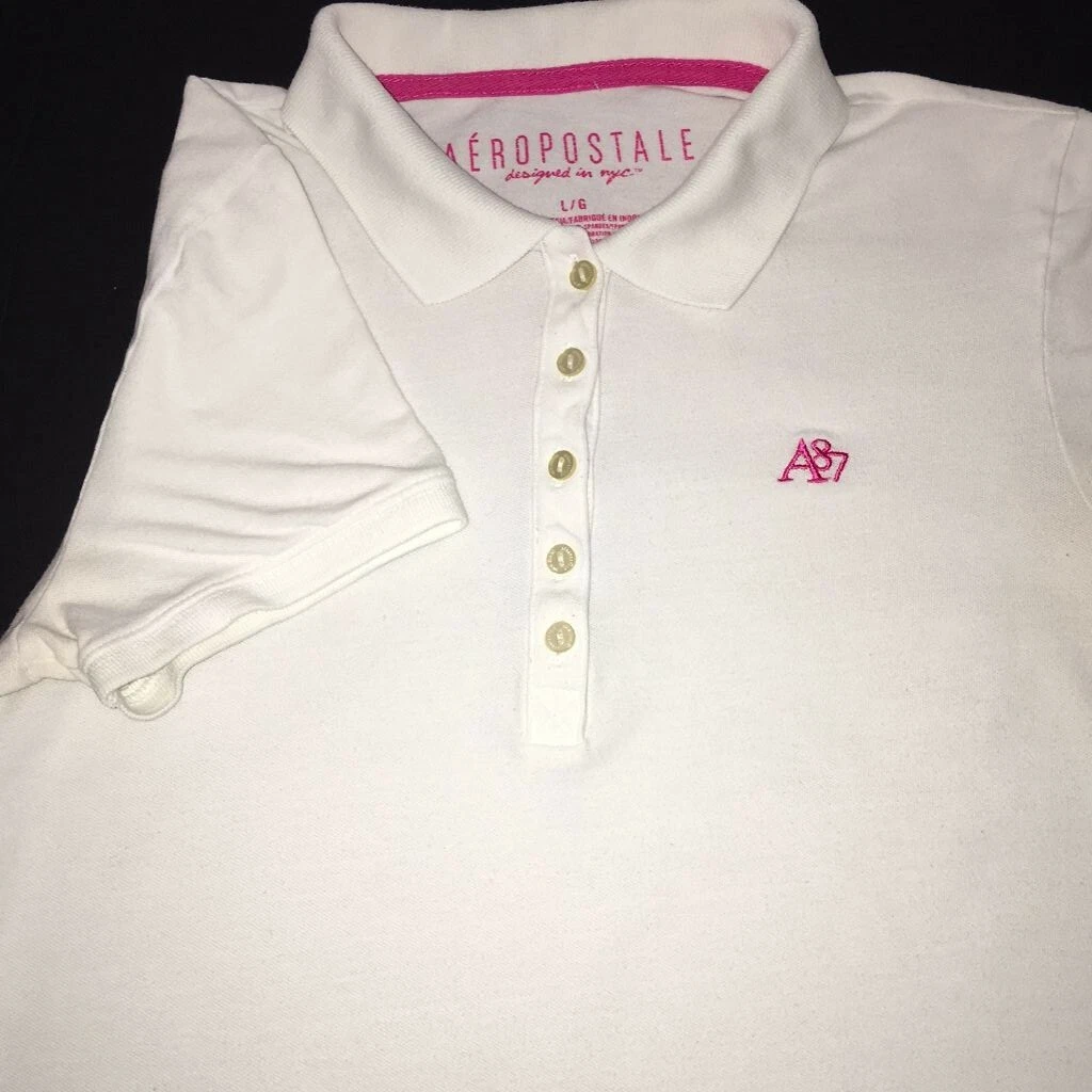 Aeropostale Girl s A87 Polo Shirt White with Pink Accents Size