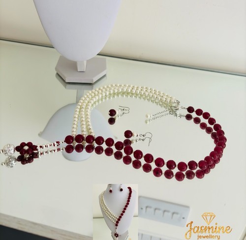 Stunning Red Chalcedony Gemstones & Ivry Eco Friendly Glass Pearls Necklace Set. - Picture 7 of 9