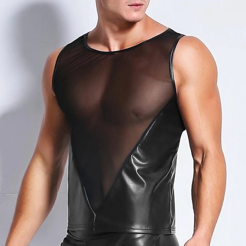 Men PU Leather Black Transparent Mesh Tank Tops Tight-fitting Vest shirt Costume - Picture 4 of 7