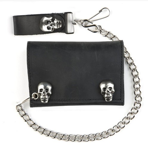 MADE IN USA TRI-FOLD MOTORCYCLE BIKER CHAIN WALLET SKULL SNAPS LEATHER - Picture 1 of 3