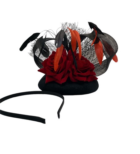Fascinator Hat Veil Feather Hair Clip Rose Tea Party Pillbox Derby Babeyond Red - Picture 12 of 12