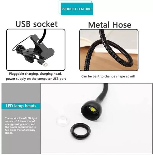 Clip on Light for Bed Small Desk Lamp with Clamp Headboard Reading Silver NEW - Picture 5 of 7