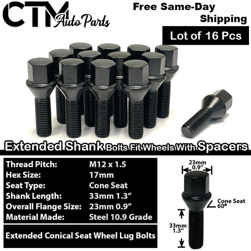 16x Black 12x1.5 Cone Seat Lug Bolts 33mm Shank Audi VW Smart w/ 3-8mm Spacer - Picture 1 of 5