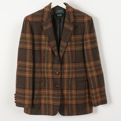 Ralph Lauren Womens 10 Equestrian Blazer Wool Jacket Tweed Plaid Elbow Patches