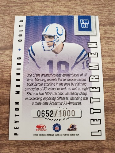 Peyton Manning 2000 Donruss Preferred Lettermen #0652/1000 - Picture 2 of 2