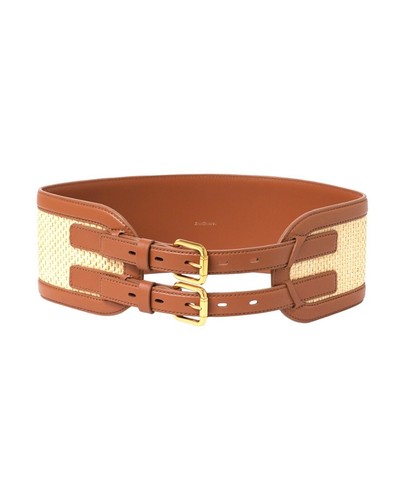 Zimmermann Raffia Belt 90 | Double Buckle, Tan/Beige, Wide, Waist, Leather, Gold - Foto 1 di 7