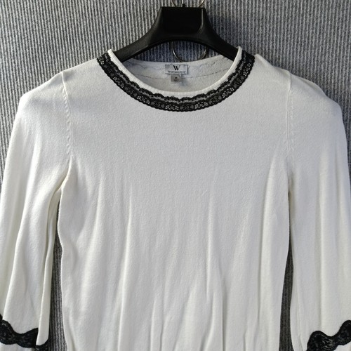 Worthington Sweater Women Medium White Black Lace Accents Long Sleeve Round Neck - Picture 2 of 13