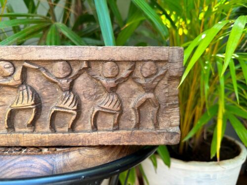 1800s Old Antique Hand Carved Wooden Dancing Tribal Figure Wall Panel 12 x4'' - Picture 4 of 9
