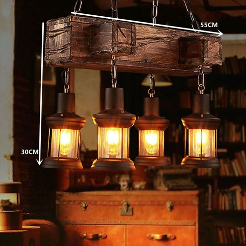 Retro 4-Lampe Rustikale Hängelampe Deckenlampe, Kronleuchter Holz Hängelampe 🔥 - Bild 1 von 16