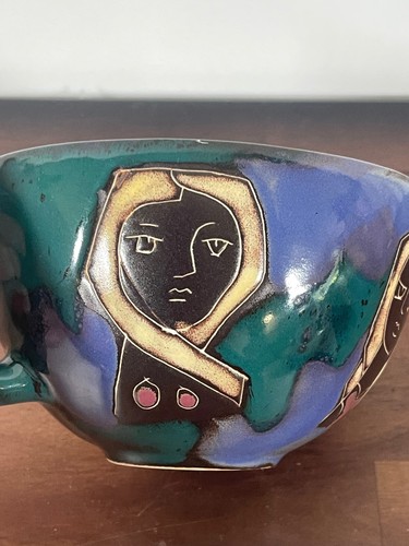 Design By Mara Mexican Art Pottery Large Stoneware Mug Women's Faces Signed 5.25 - Picture 2 of 12