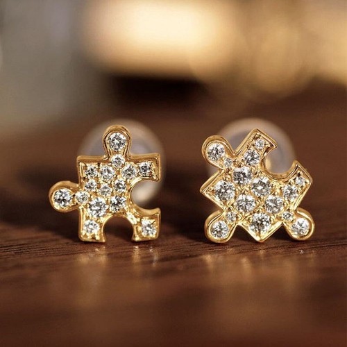 Autism Awareness Puzzle Piece Jewelry 925 Silver 14K Overlay Zircon 18" Chain - Picture 5 of 8