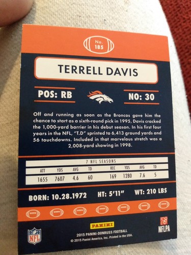 TERRELL DAVIS 2015 Panini Donruss Football #185.  BRONCOS - Picture 4 of 6