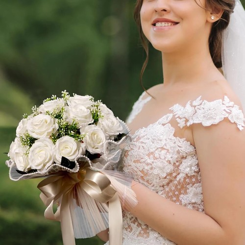 Wedding Bouquets Bride Ivory White Artificial Flower Bouquet with Silk Ribbon - Foto 1 di 35