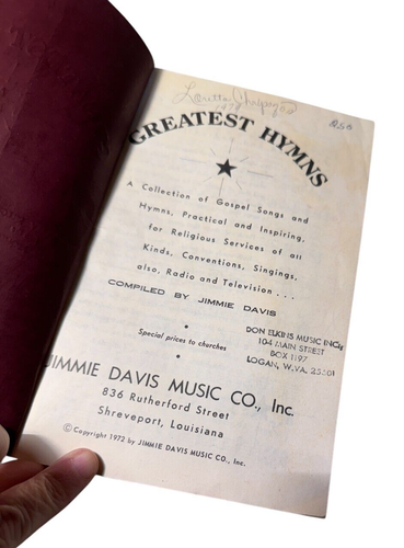 Vintage Greatest Hymns Complied Jimmie Davis First Edition 1961 Paperback Book - Picture 2 of 3