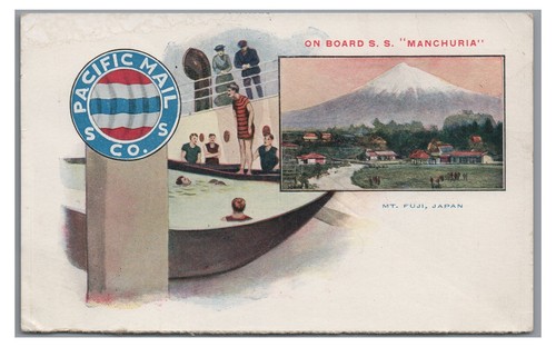 Steamship SS Manchuria Pacific Mail Co Mt Fuji Japan Swimming Pool Postcard 2