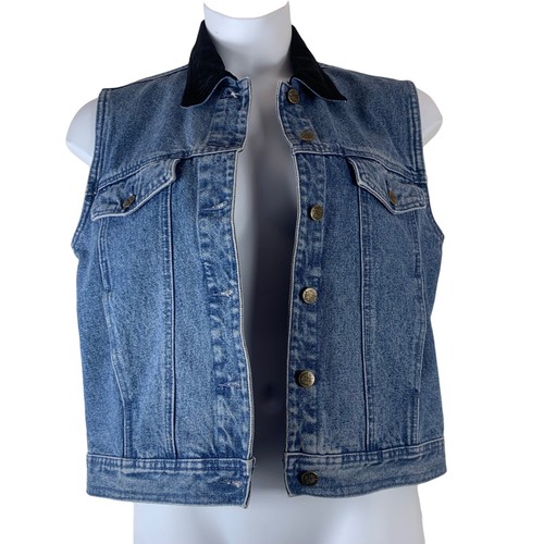 Vintage Denim Vest Size Small Black Velvet Collar Button Front Womens AMI - Picture 1 of 3