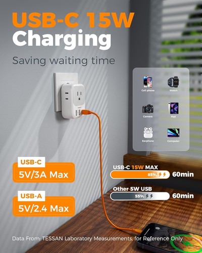 Confezione 2 Adattatore Spina Europea USB C, TESSAN US to Europe Adapter 4 Prese 3 USB - Foto 4 di 6