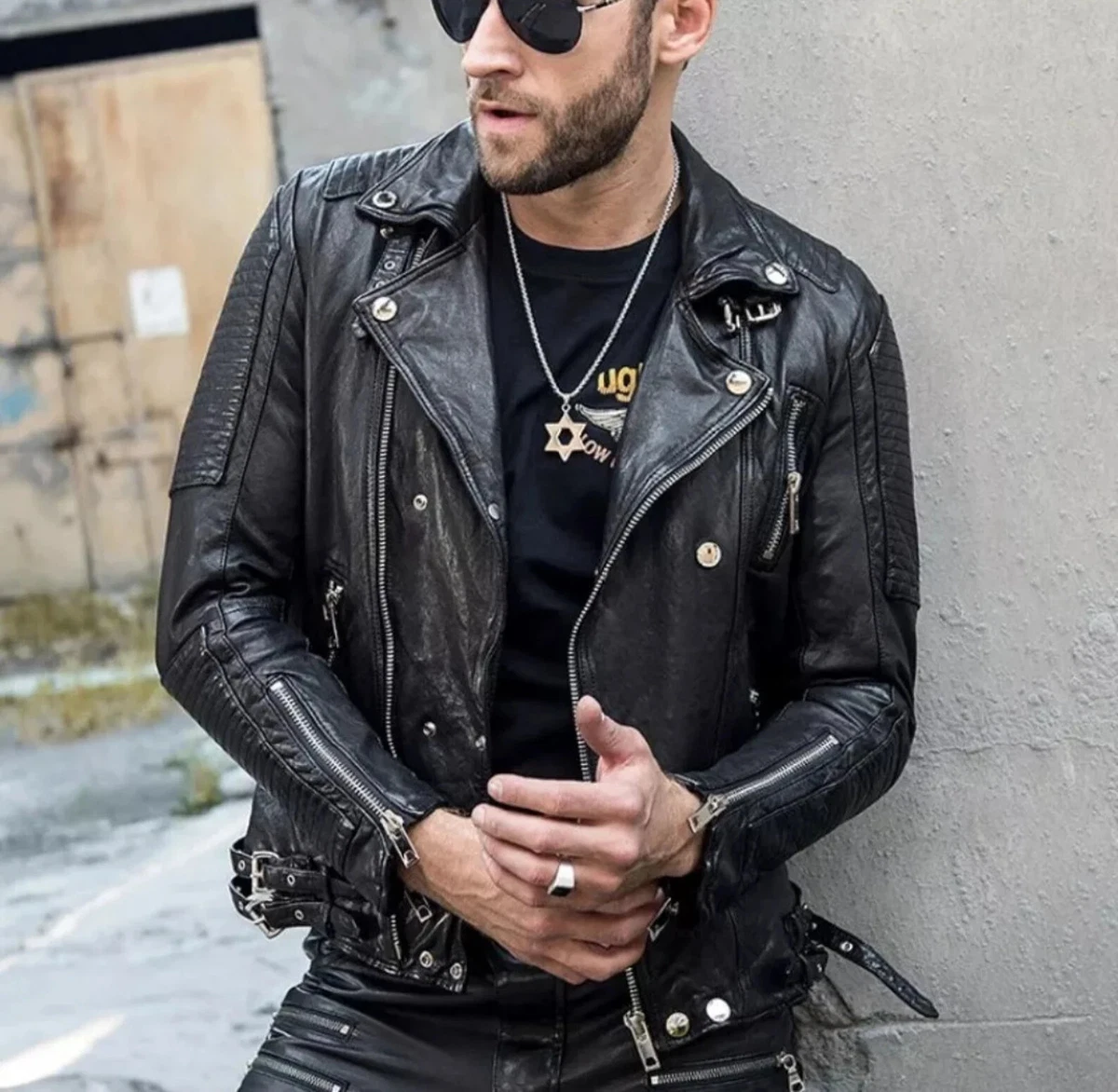 Men Black Motorcycle Genuine Leather Jacket with Shoulder Pads - Leather  Skin Shop