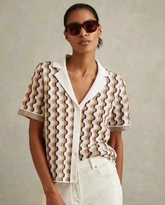 Reiss Nessa Knitted Polo Shirt, Beige/White - Size S