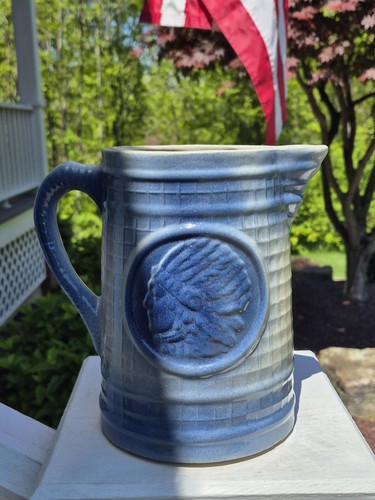 Vtg Blue White Stoneware Pitcher Salt Glaze NATIVE AMERICAN Clay City Pottery - Picture 2 of 11