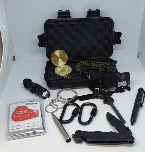 Neu 12 Stück Überlebensausrüstung Kit Camping Wandern Jagd Notfall tragbar mit Koffer - Bild 1 von 24
